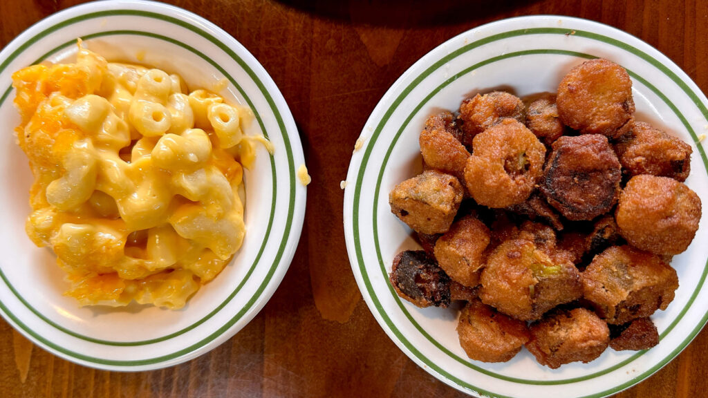 Mac and cheese and fried okra at Jerry J's